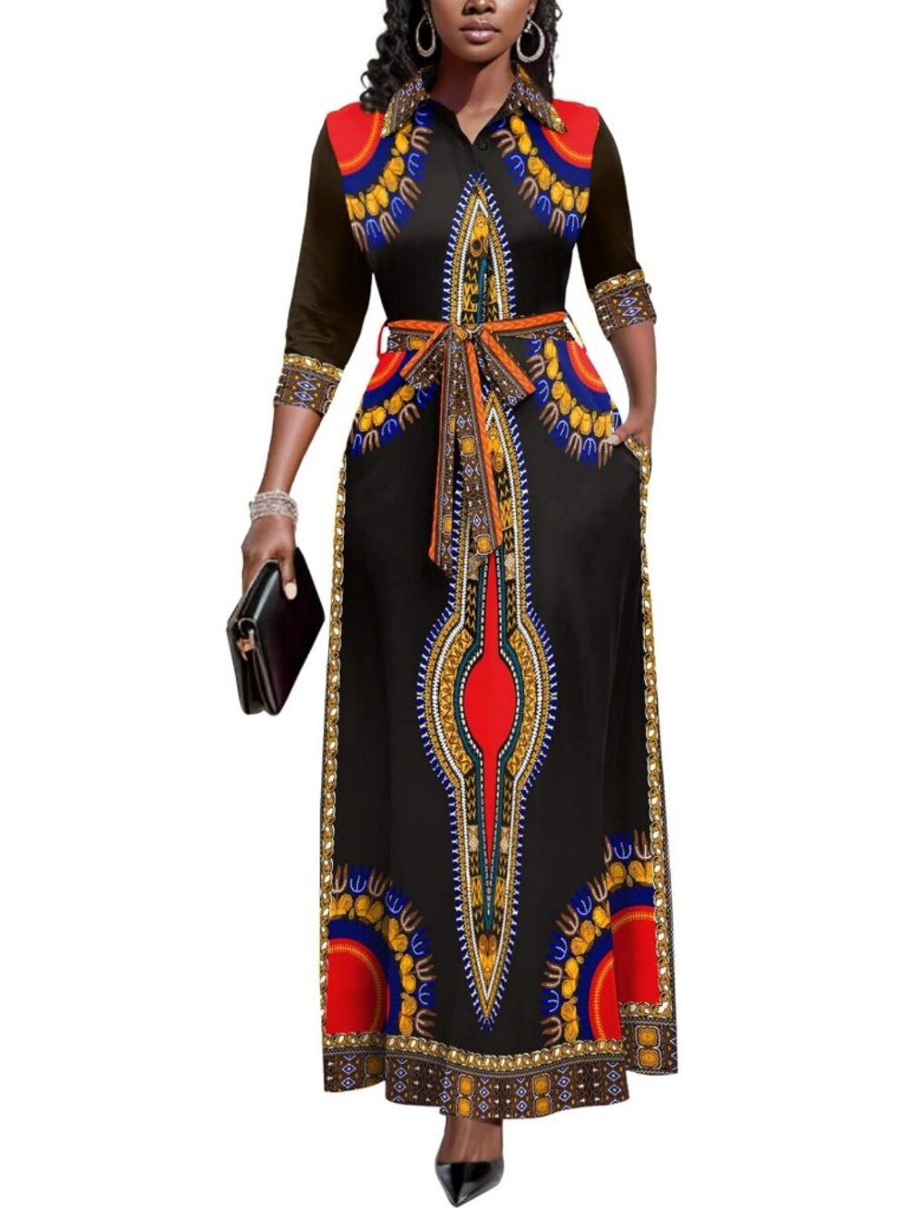 Chic Women's Maxi Dress with 3/4 Sleeves, Button Down, Pockets - Perfect for